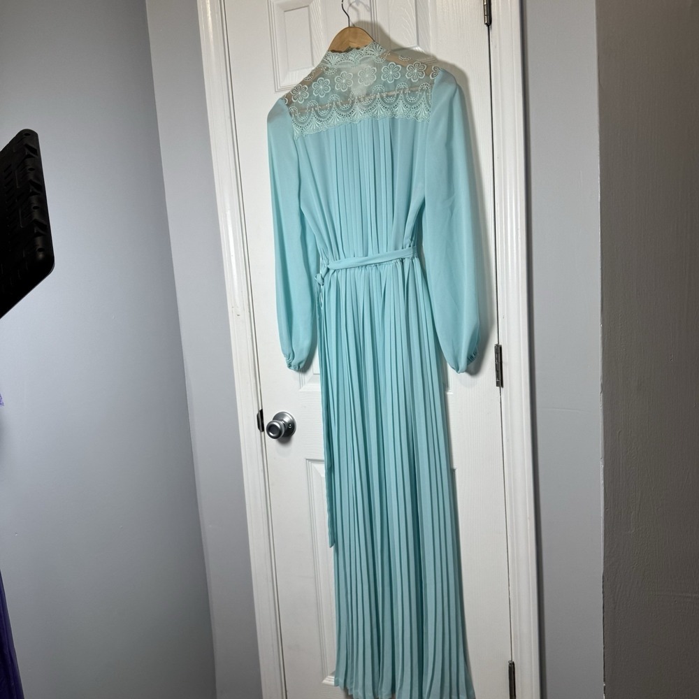 Vintage 70's Blue Maxi Dress Gown Chiffon Mock Neck Lace Evening Gatsby M/L